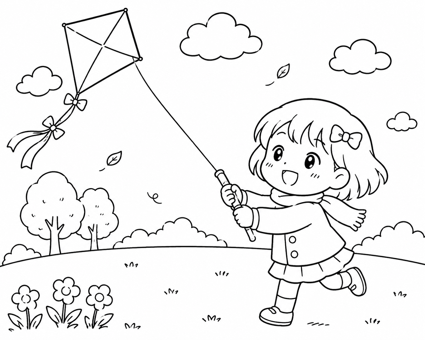 たこあげ　おんなのこの印刷用塗り絵
