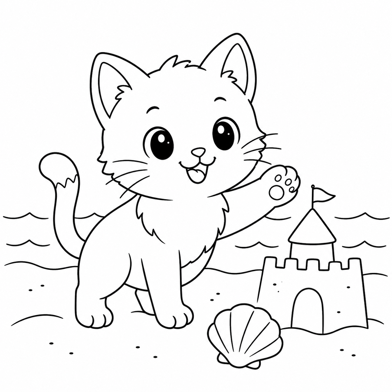 ねこ　と　すなのおしろの印刷用塗り絵