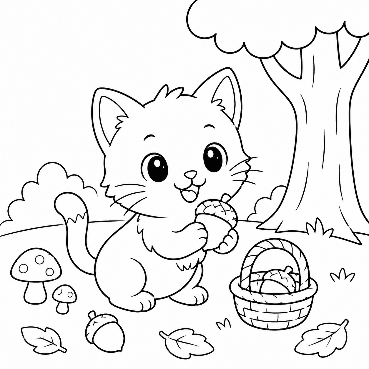ねこ　と　どんぐりの印刷用塗り絵