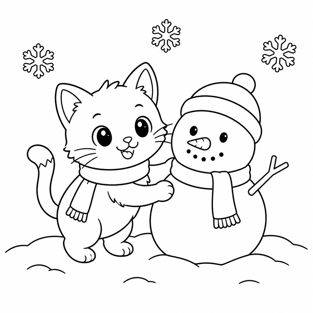 ねこ　と　ゆきだるまの印刷用塗り絵