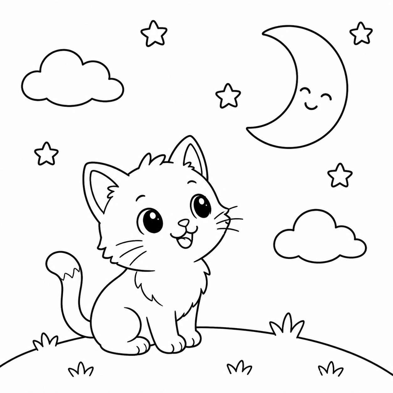 ねこ　と　おつきさまの印刷用塗り絵