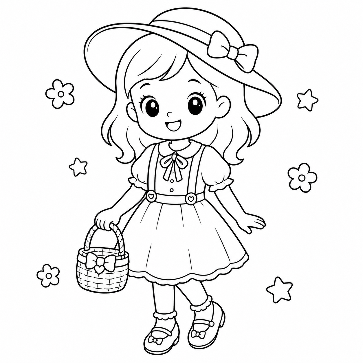 バスケットをもった　おんなのこの印刷用塗り絵