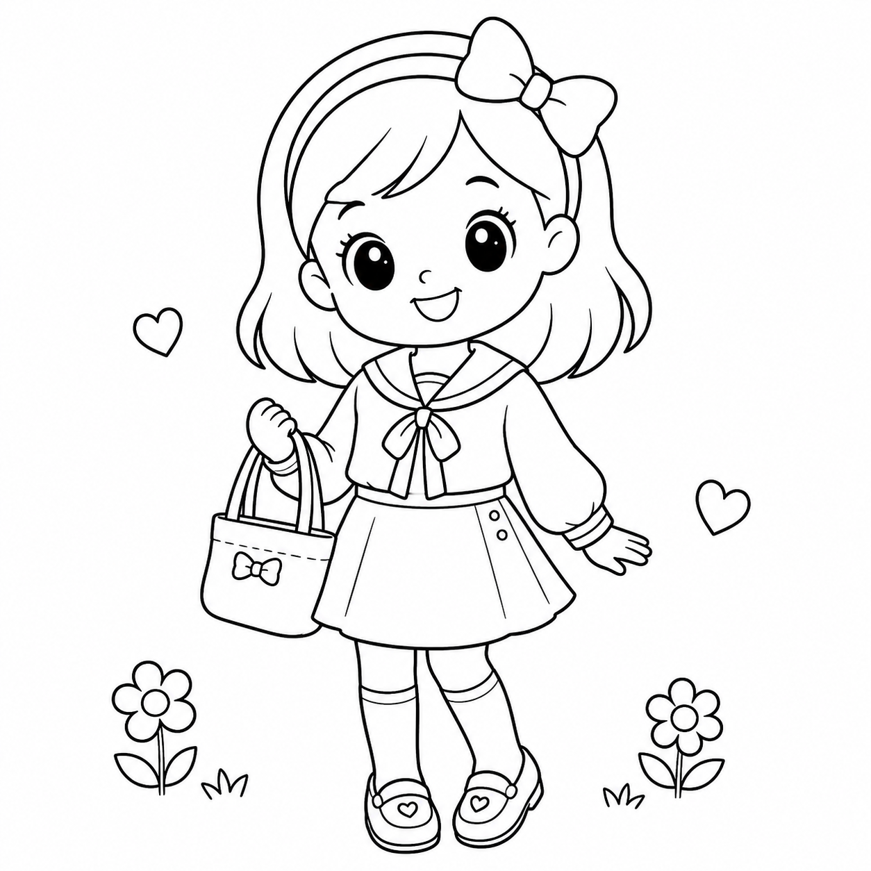りぼんのおんなのこの印刷用塗り絵