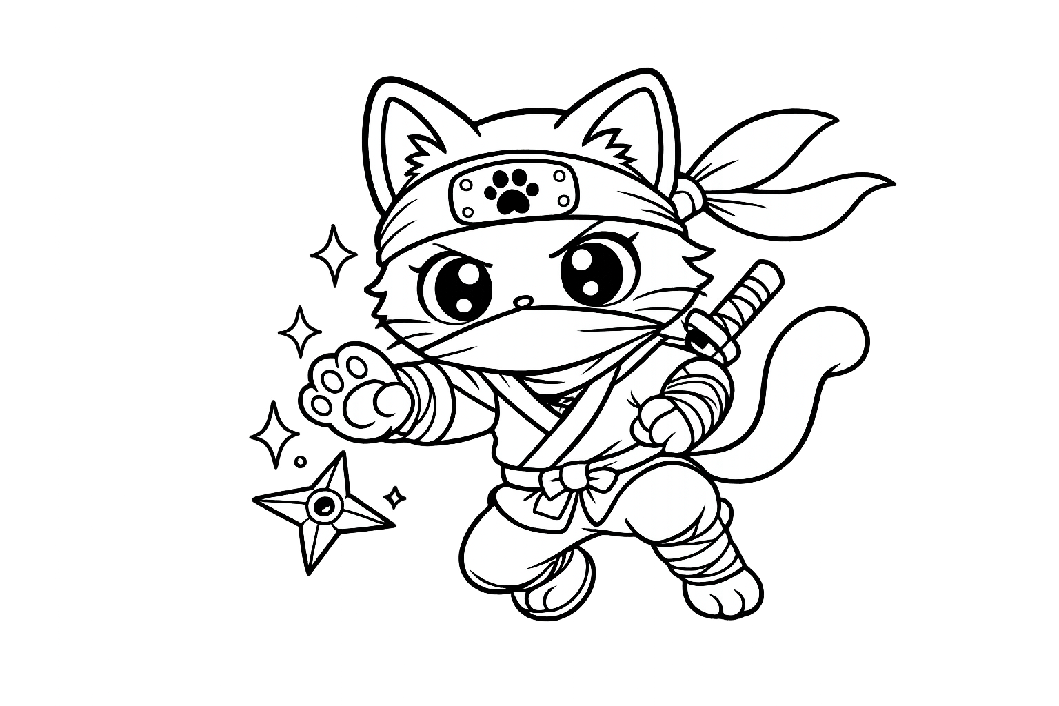ねこ　にんじゃの印刷用塗り絵