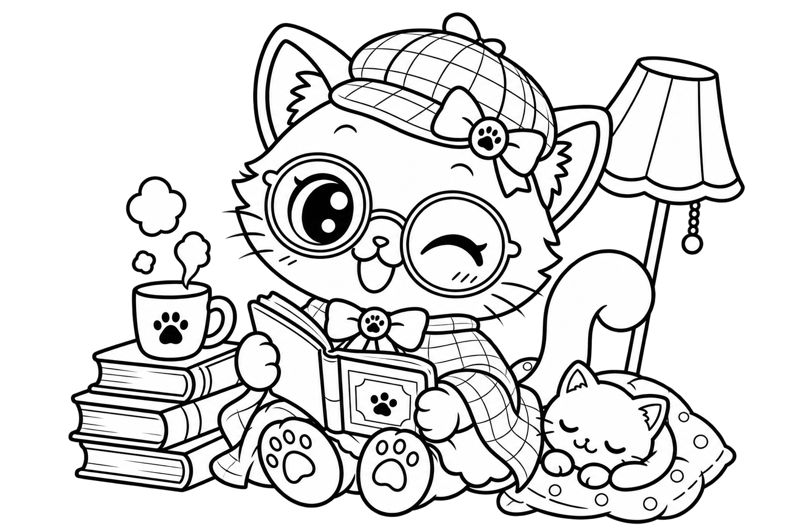 どくしょのあきをたのしむ　ねこの印刷用塗り絵