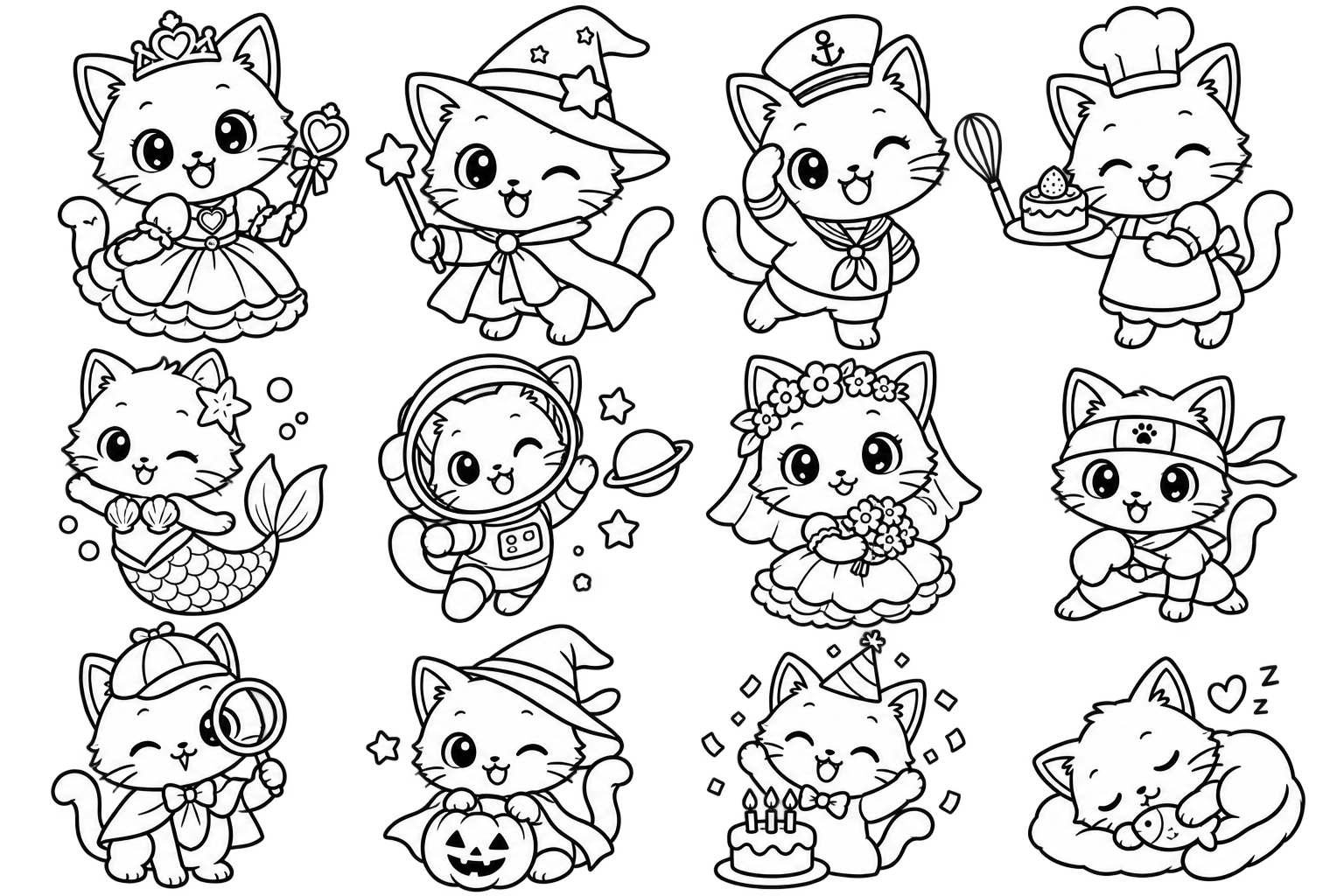 ねこちゃん　だいしゅうごうの印刷用塗り絵