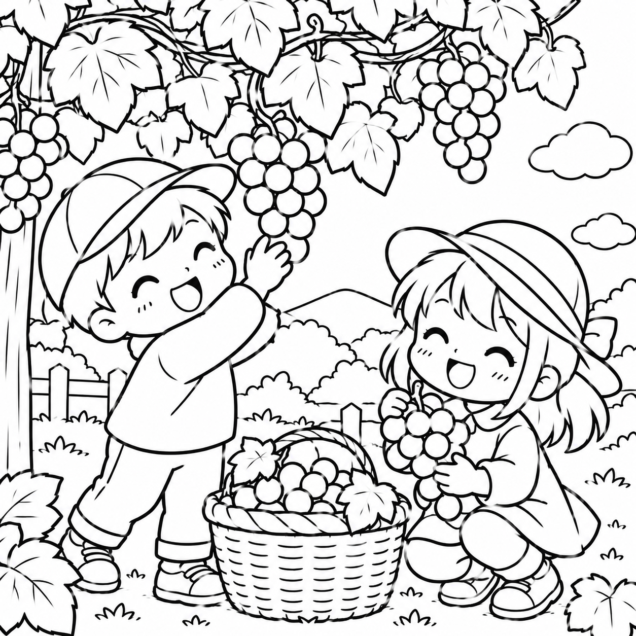 ぶどう摘み　ぶどう狩り　の印刷用塗り絵