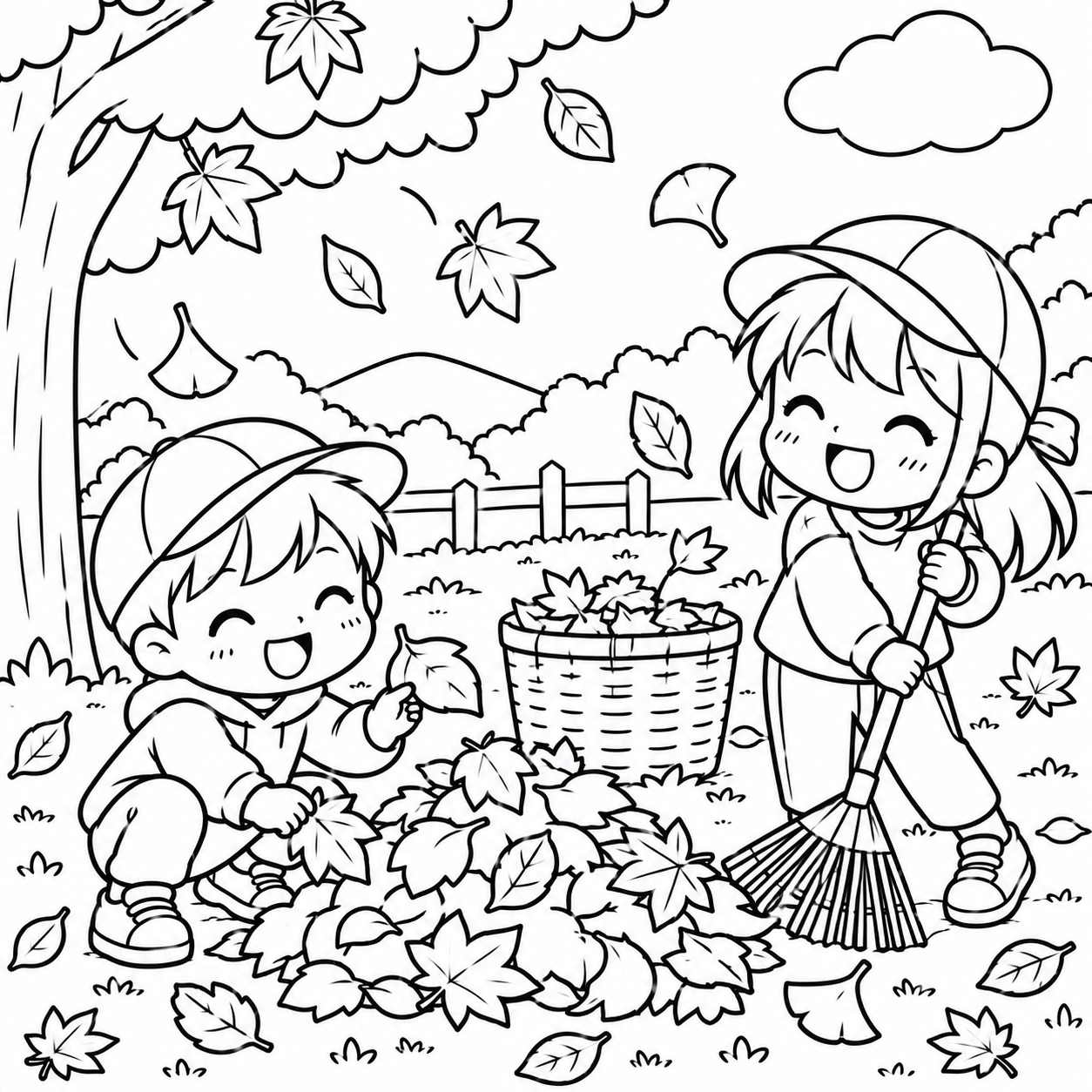 紅葉狩り　落ち葉集めの印刷用塗り絵