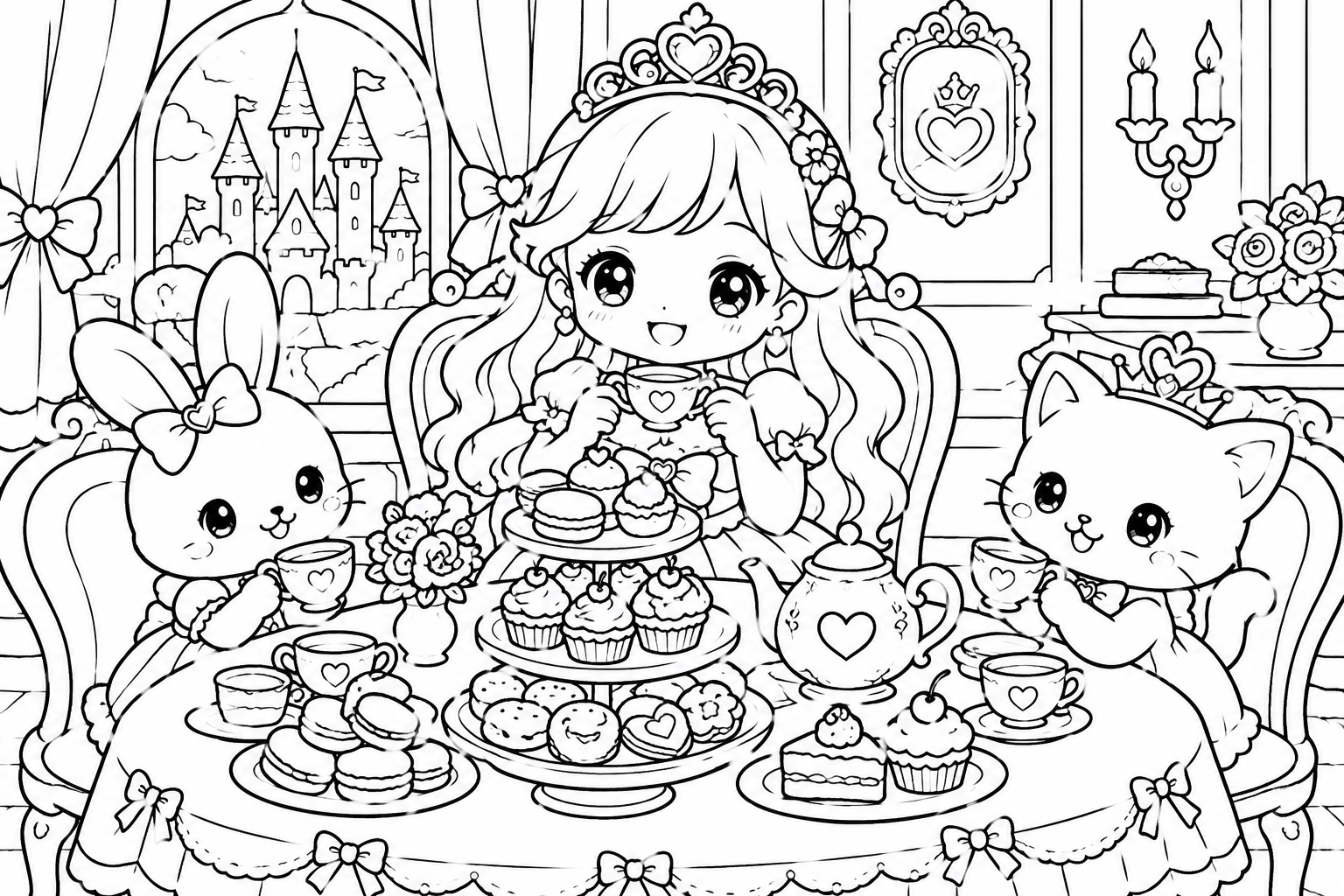プリンセス　の　おちゃかいの印刷用塗り絵