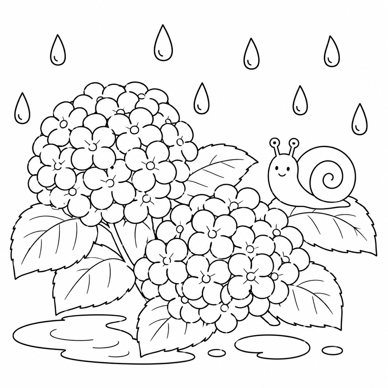 あじさいと　かたつむりの印刷用塗り絵