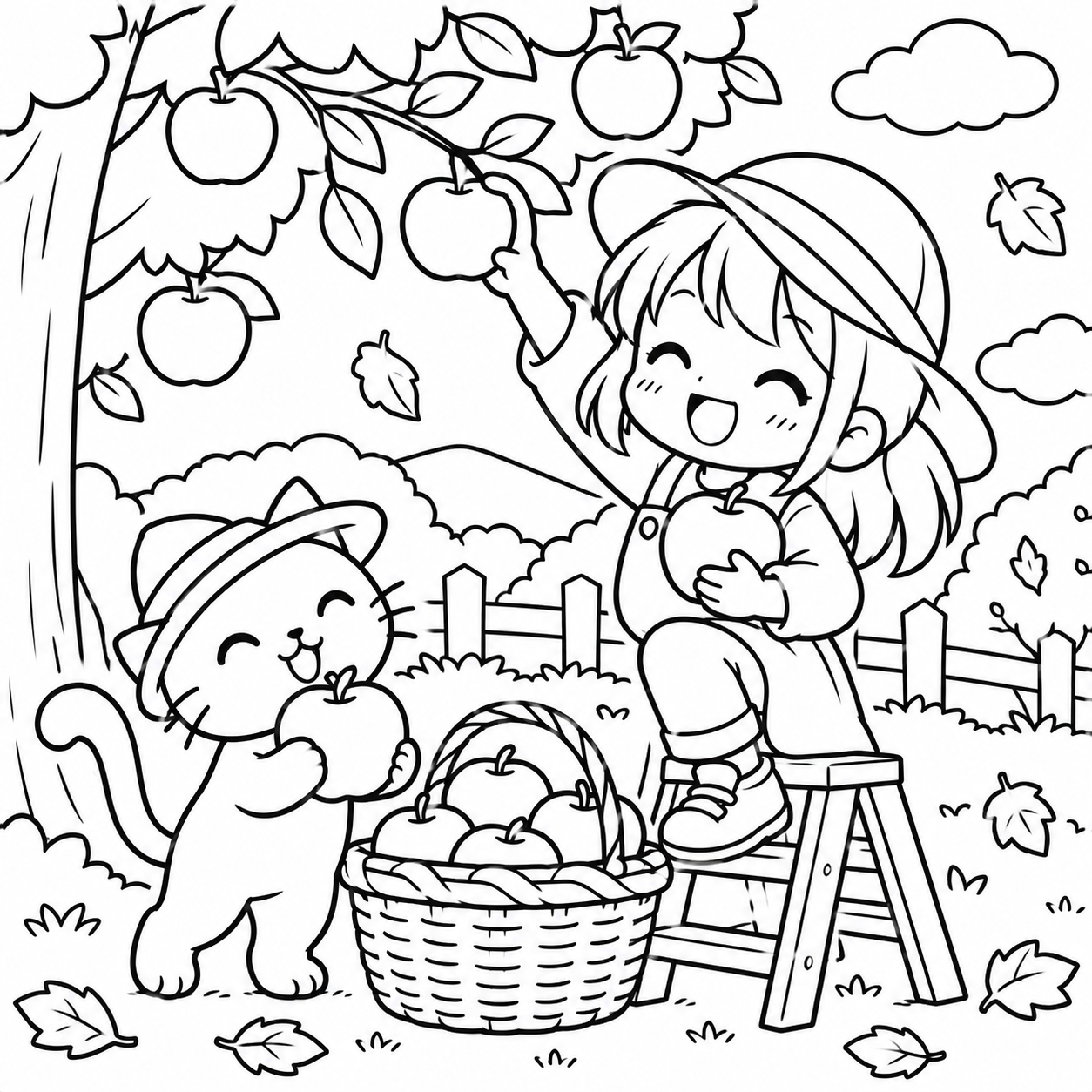 りんご狩りの印刷用塗り絵