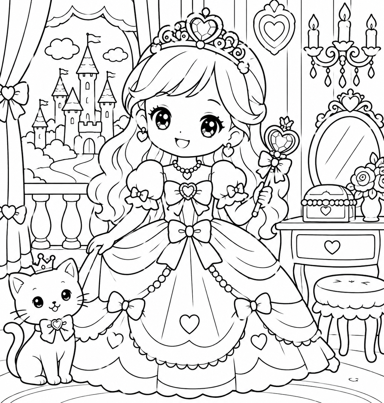おしゃれな　おしろの　プリンセスの印刷用塗り絵