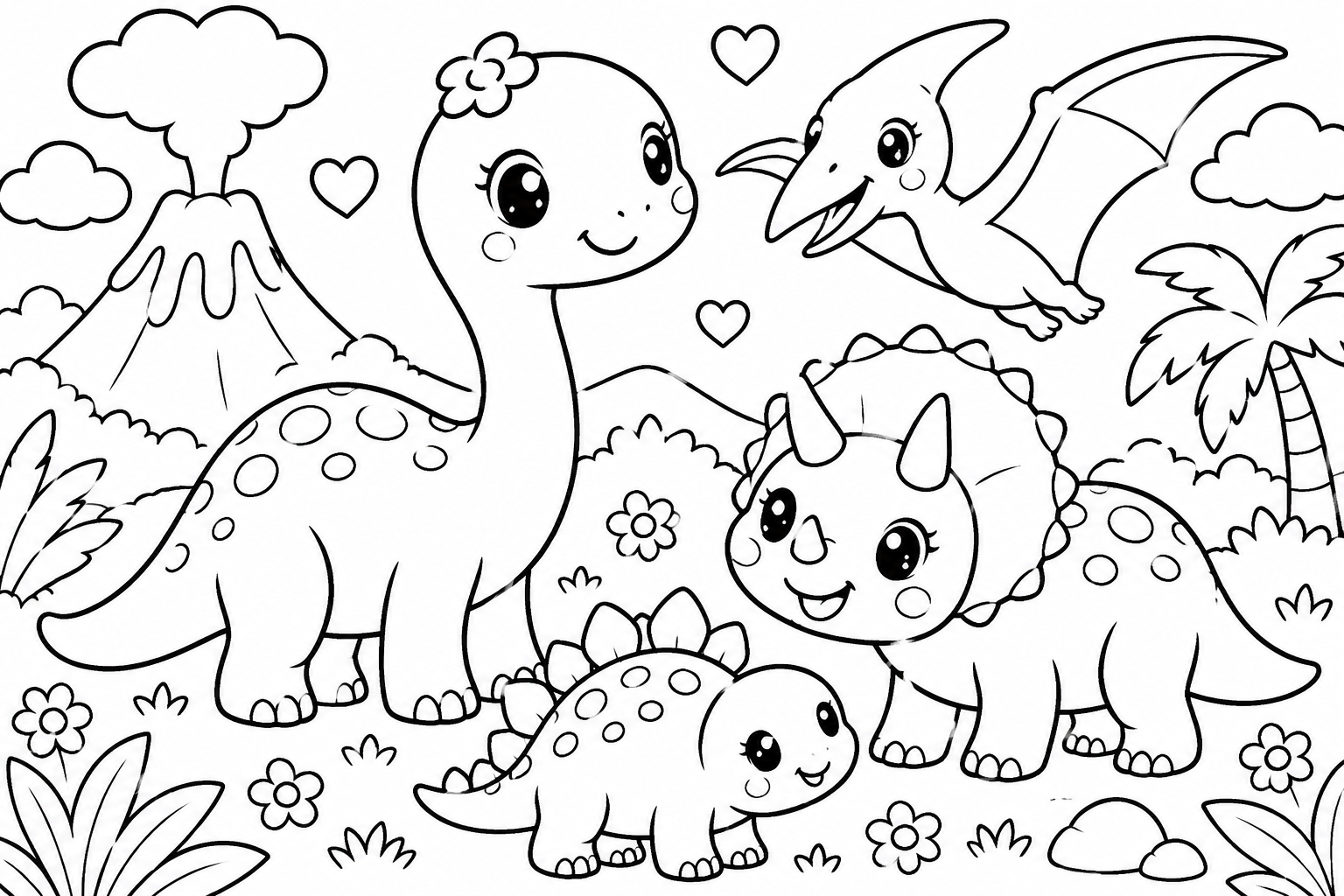 かわいい　きょうりゅうの印刷用塗り絵