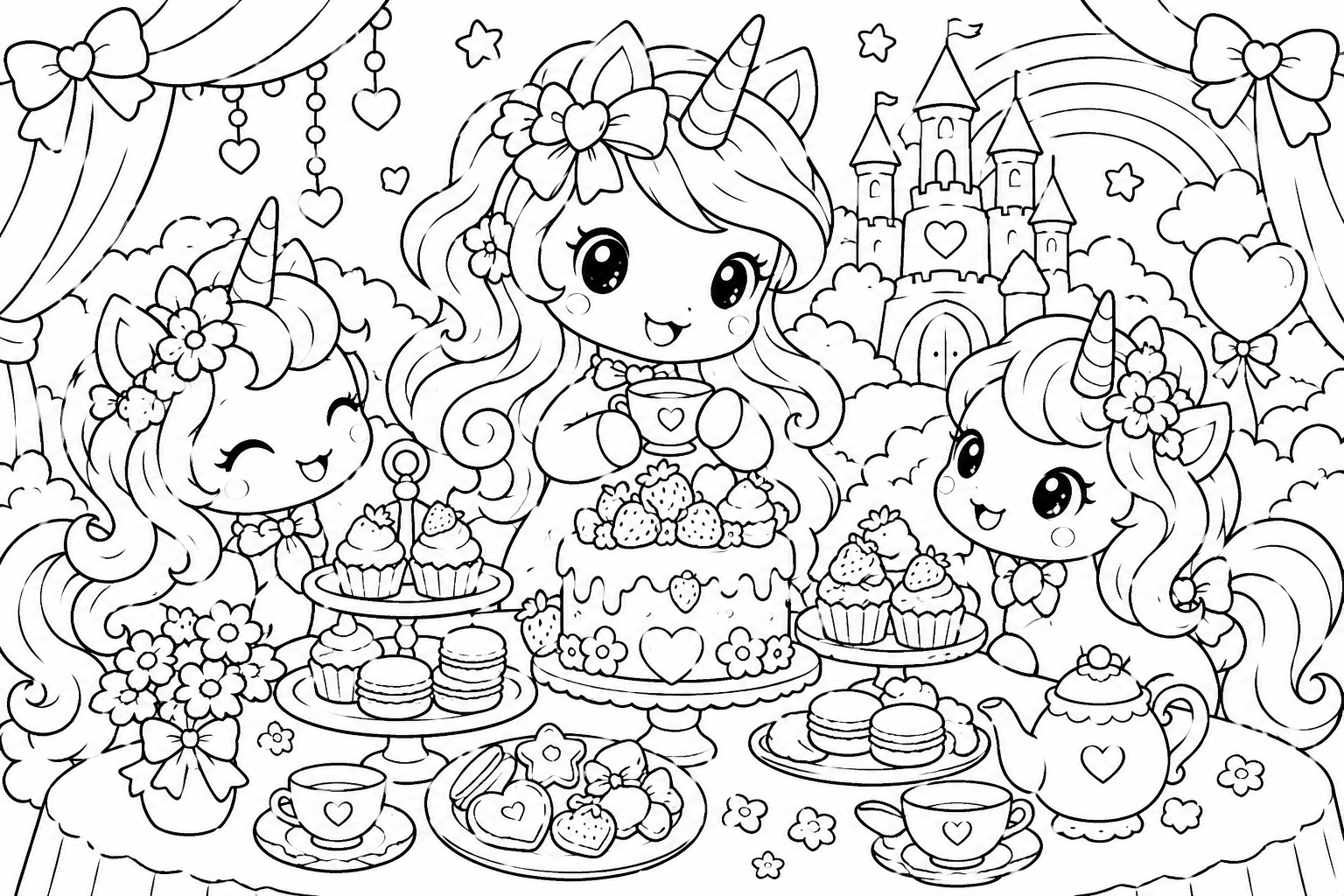 ユニコーンのおちゃかいの印刷用塗り絵