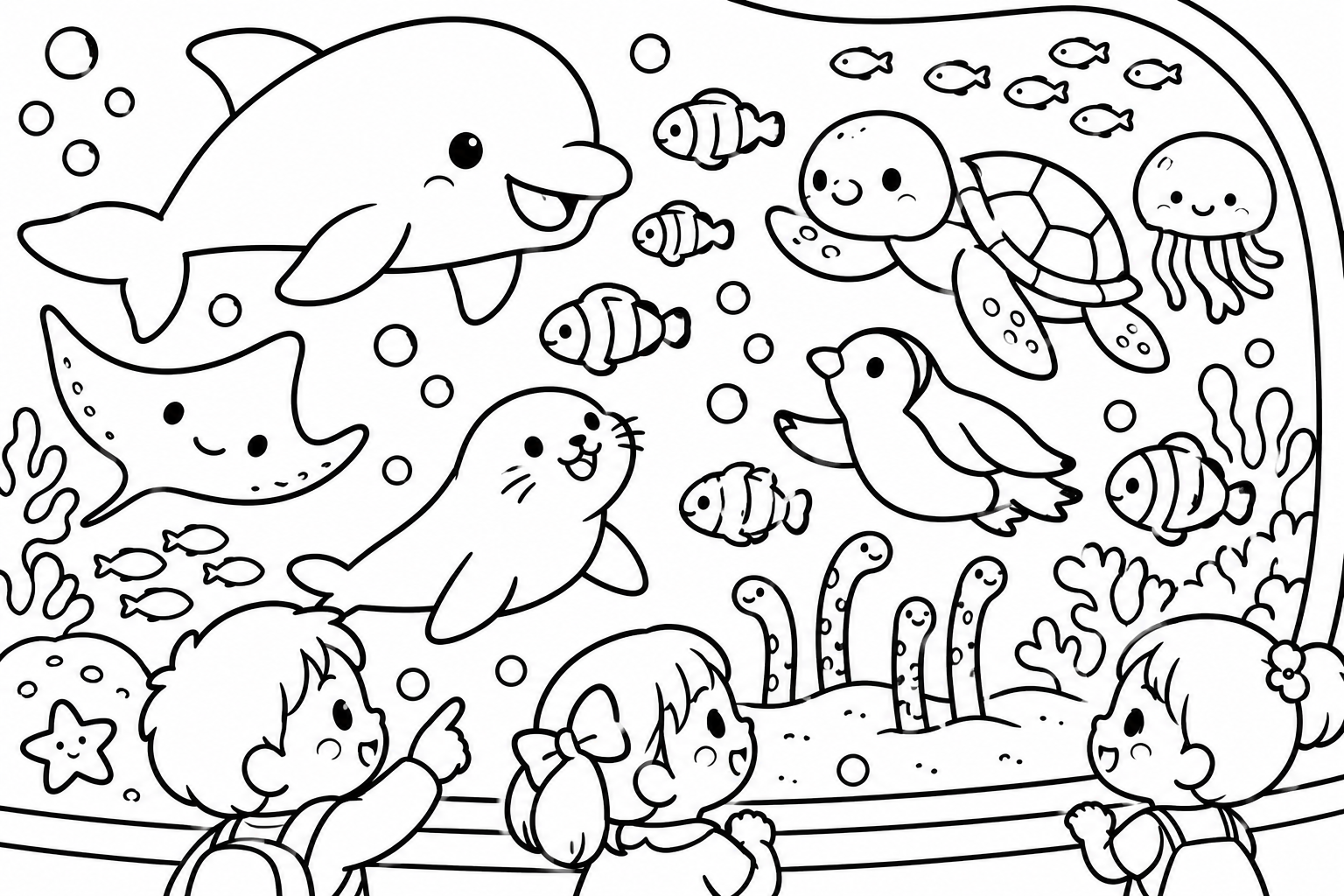 すいぞくかんへ　あそびにきたよの印刷用塗り絵
