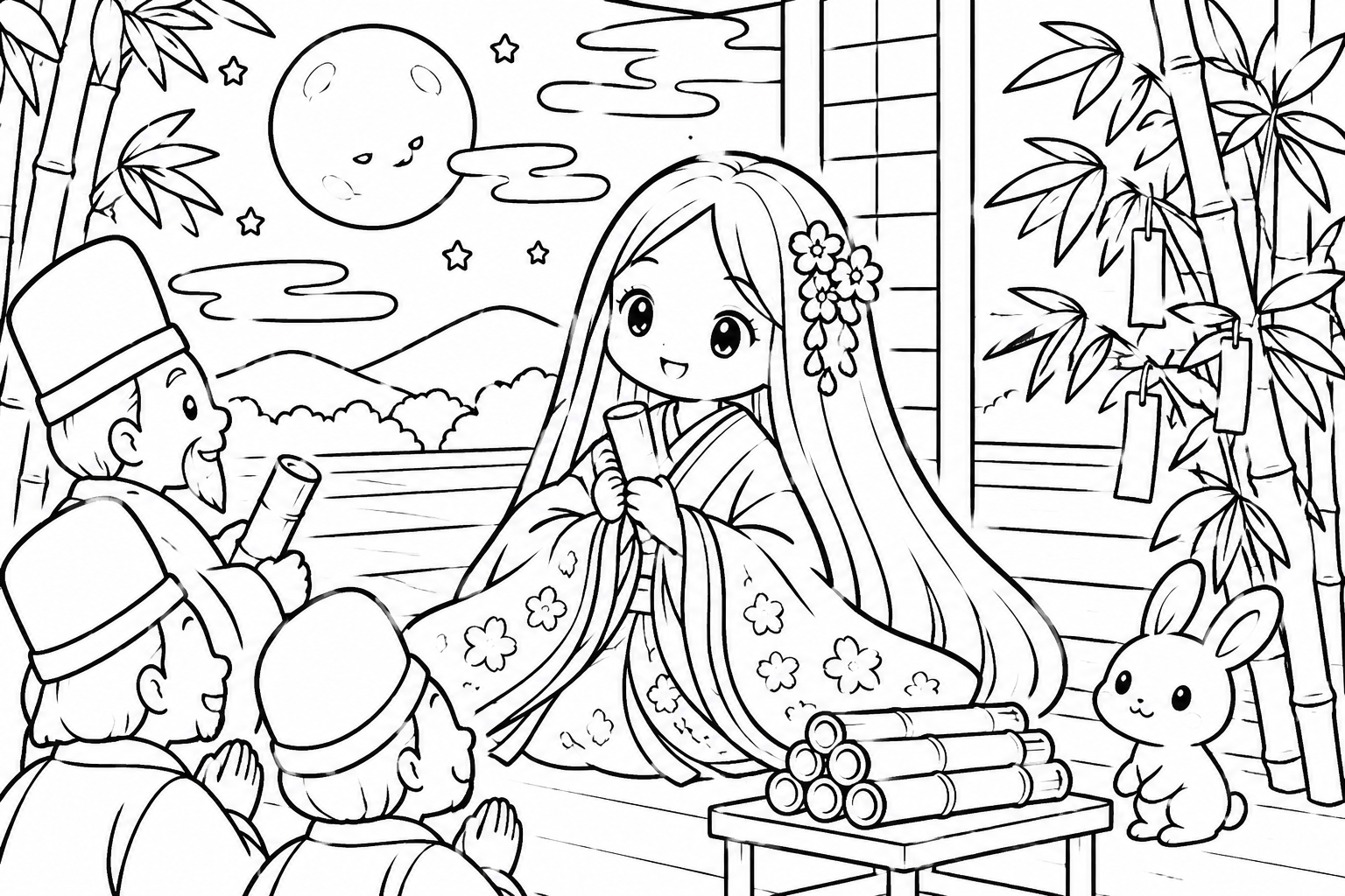つきからきた　かわいい　かぐやひめ　の印刷用塗り絵