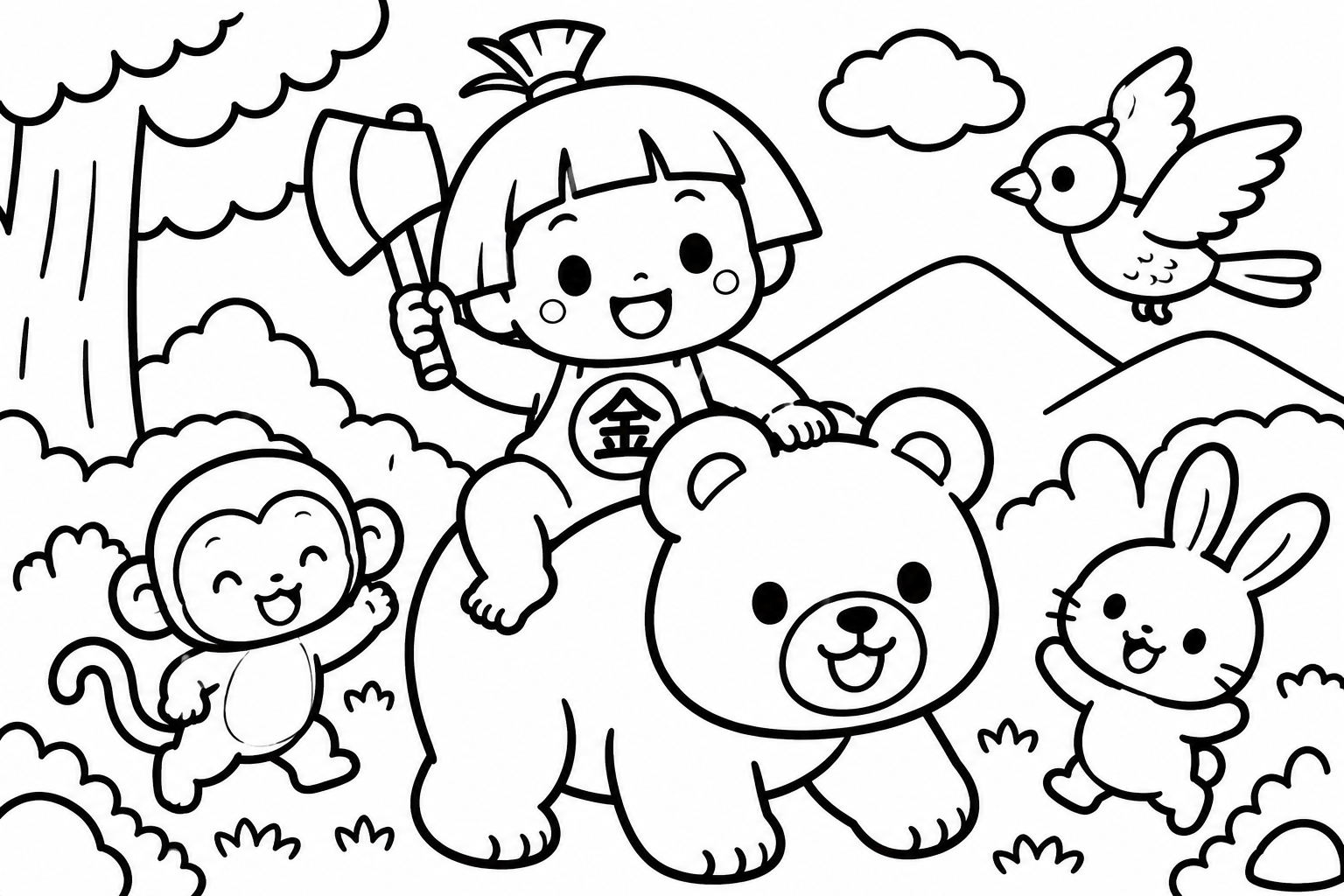 こぐまに　またがり　きょうも　稽古の　きんたろうの印刷用塗り絵