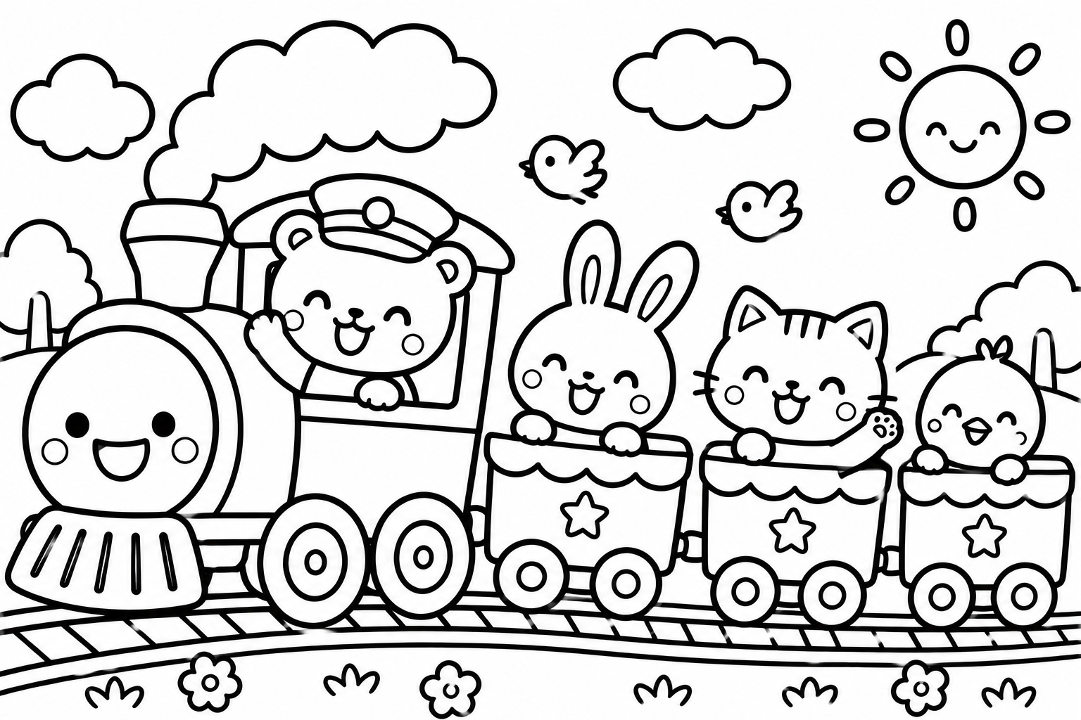 どうぶつれっしゃ　しゅっぱーつ！の印刷用塗り絵