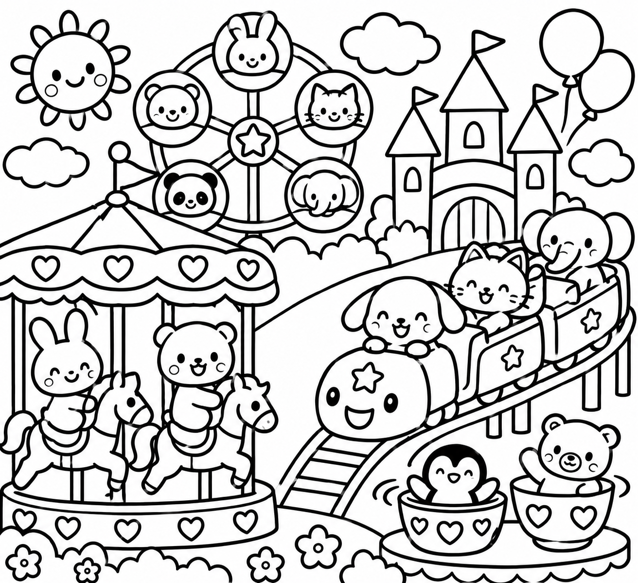 たのしい　ゆうえんちの印刷用塗り絵