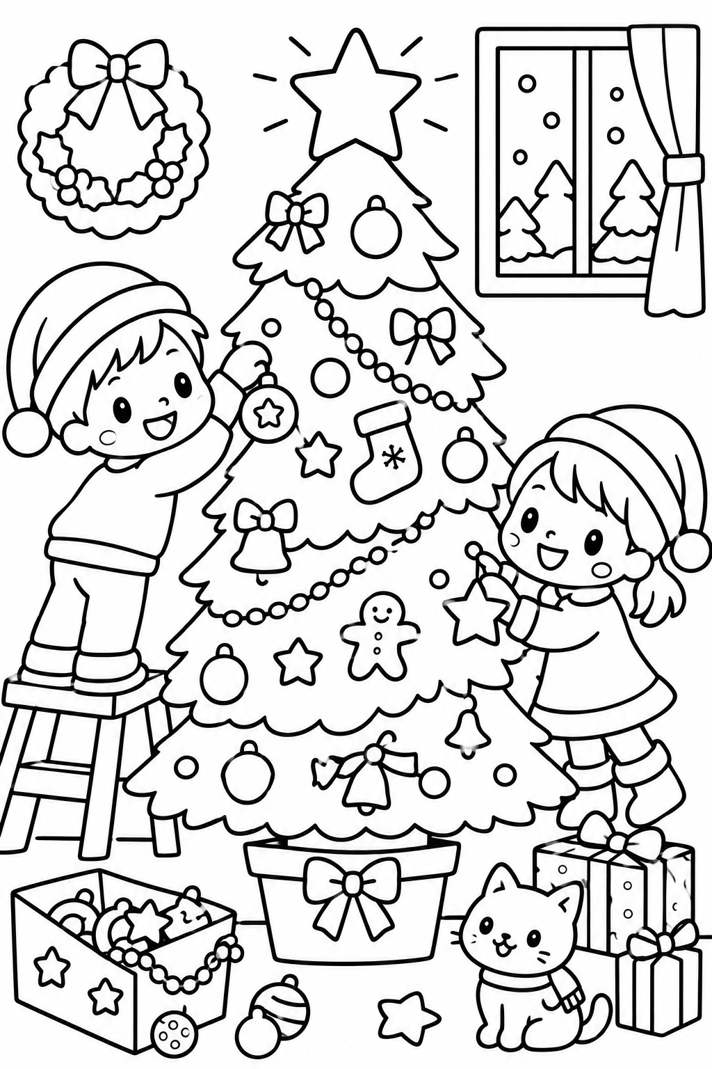 クリスマスツリーのかざりつけ♪の印刷用塗り絵