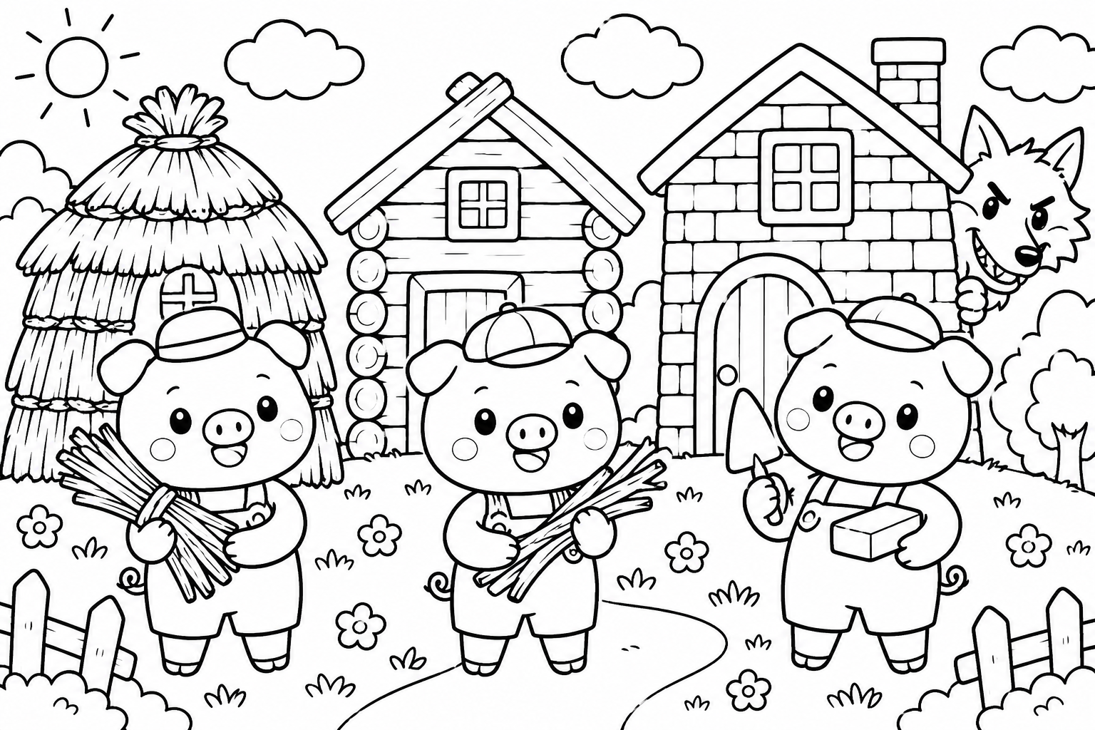 ３ひきのこぶた　と　おおかみ　むかしばなしの印刷用塗り絵