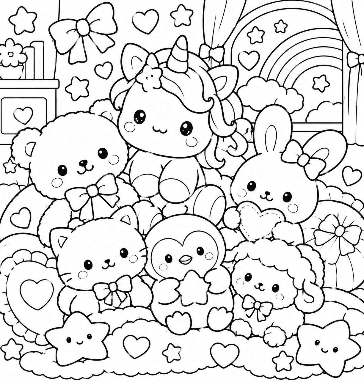 ユニコーンたちのぬいぐるみパラダイスの印刷用塗り絵