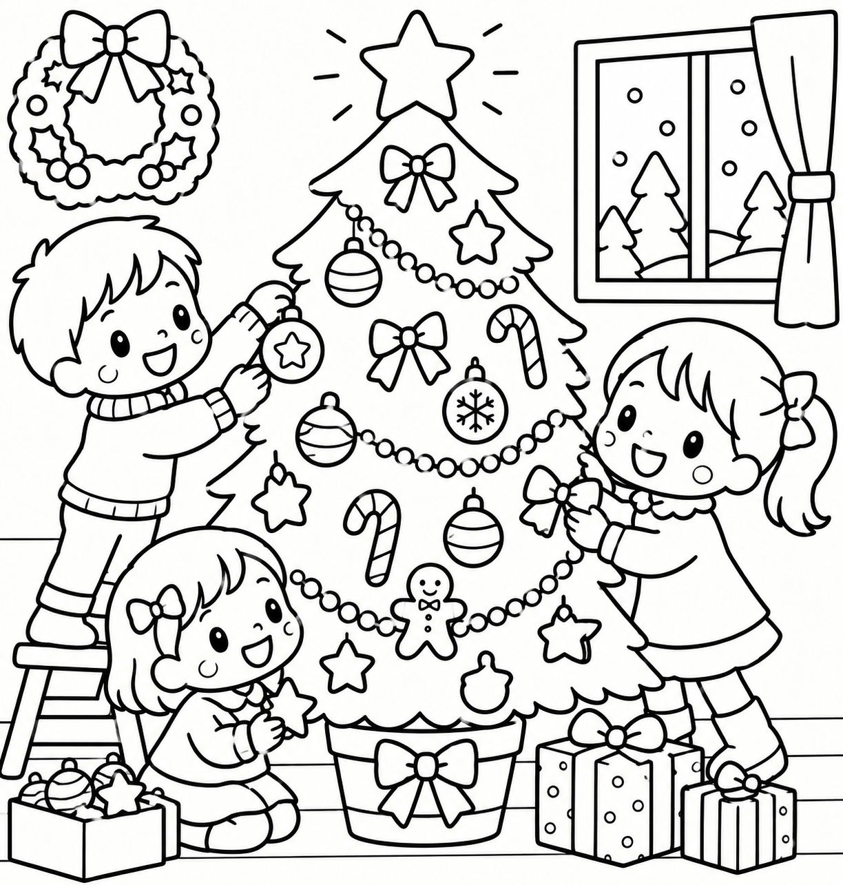 みんなでクリスマスツリーをかざろうの印刷用塗り絵