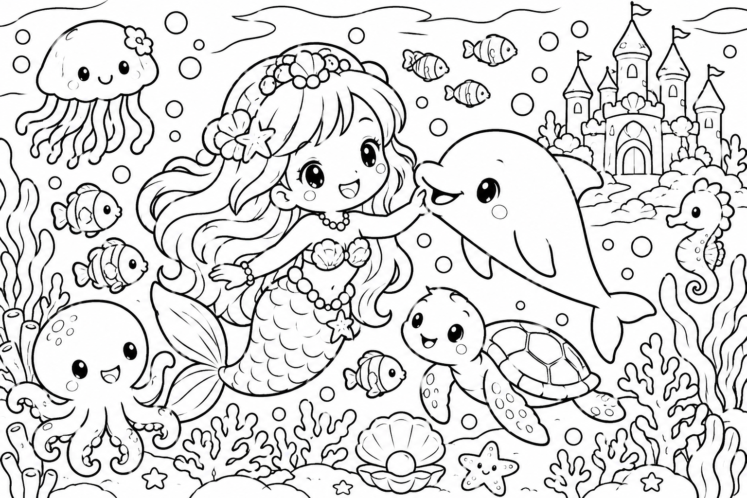 地上の世界に　あこがれる　人魚姫（にんぎょひめ）の印刷用塗り絵